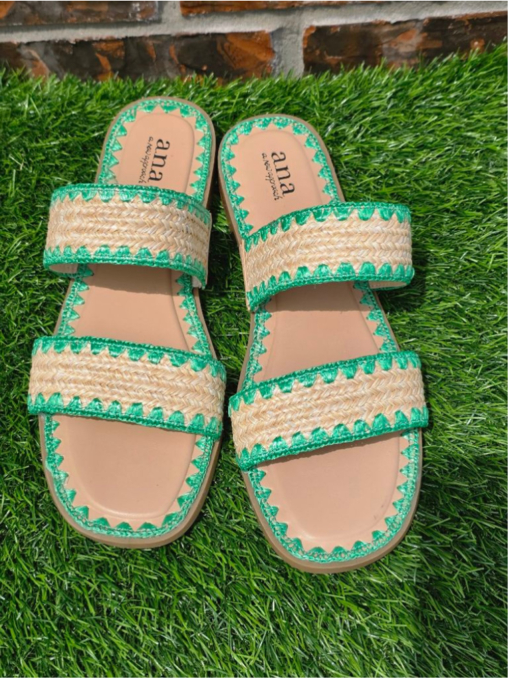 ANA Beige & Green Woven Slide Sandals Women’s Size 10 - Picture 4 of 7